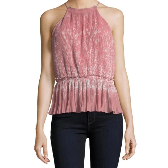 Joie Sleeveless Top High Halter Neckline Pleated Ruffled Hem Salmon Cream L NWT - Picture 2 of 8